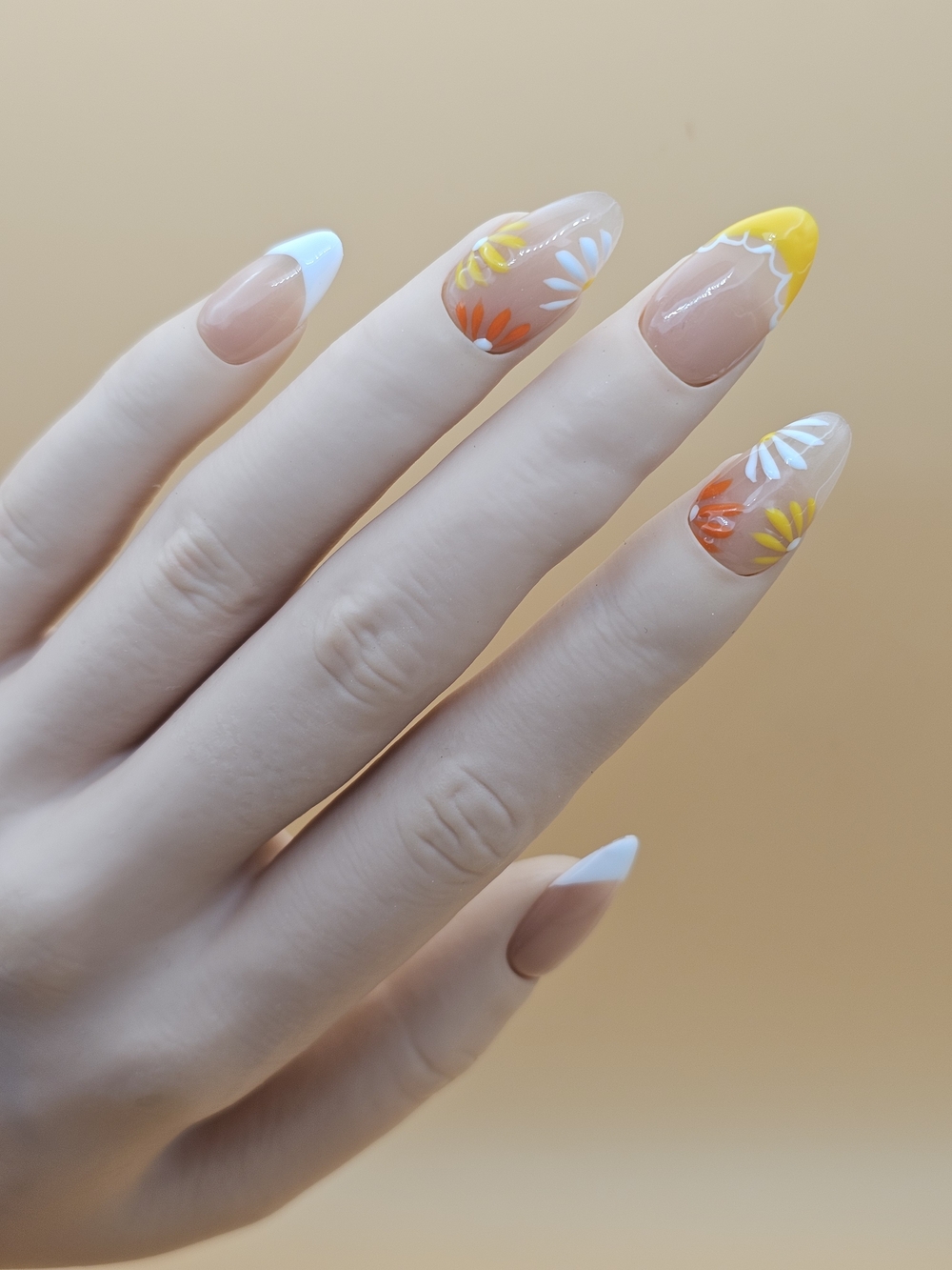 Yellow & White Floral French Tip Press-On Nail Set Size Medium Almond